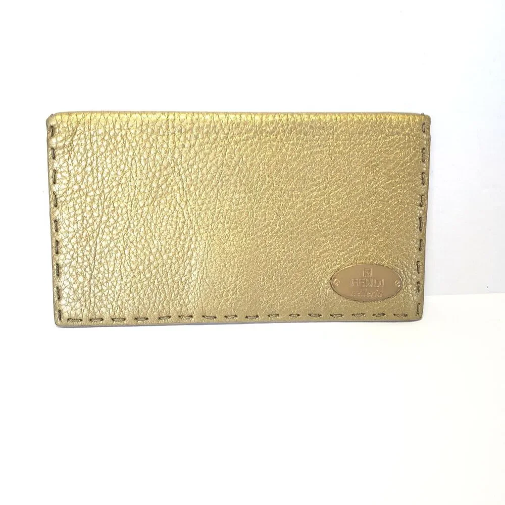 Fendi Selleria Wallet Metalic Gold Pebble Leather Wallet Bifold‎ Large Logo Glam